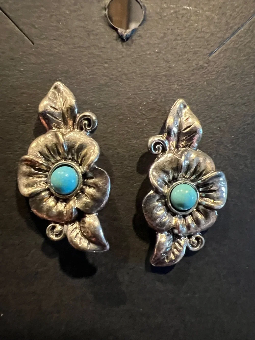 Silver Floral Earrings with Turquoise Accent Post Earrings NIP